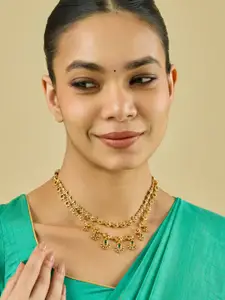 Kushal's Fashion Jewellery 92.5 Pure Silver Gold-Plated Artificial Stones Temple Necklace