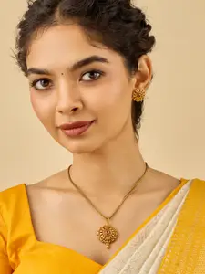 Kushal's Fashion Jewellery Ruby Gold-Plated Ethnic 92.5 Pure Silver Temple Pendant Set