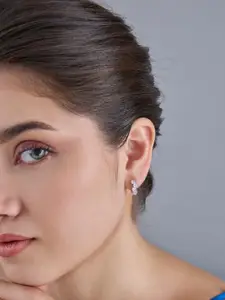 Kushal's Fashion Jewellery 92.5  Silver Rhodium-Plated Zircon Hoop Earrings