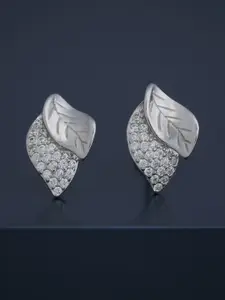 Kushal's Fashion Jewellery 92.5 Silver Rhodium-Plated Stone Studded Leaf Shaped Studs