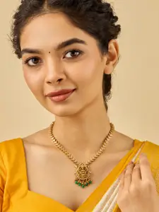 Kushal's Fashion Jewellery 92.5 Pure Silver Stones Studded and Beaded Temple Necklace