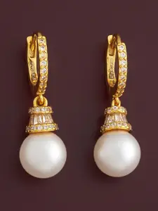 Kushal's Fashion Jewellery 92.5  Silver Gold-Plated Pearl Classic Hoop Earrings