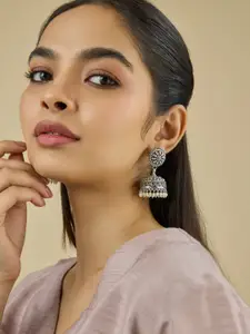 Kushal's Fashion Jewellery 92.5 Sterling Silver Ruby Silver-Plated Dome Shaped Jhumkas