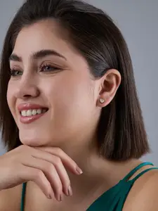 Kushal's Fashion Jewellery 92.5 Sterling Silver Gold-Plated Heart Shaped CZ-Studded Studs