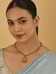 Kushal's Fashion Jewellery 92.5 Pure Silver Gold-Plated Stone Studded Temple Necklace