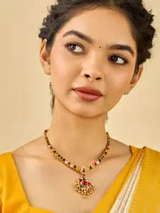 Kushal's Fashion Jewellery 92.5 Pure Silver Gold-Plated Navaratna Temple Necklace