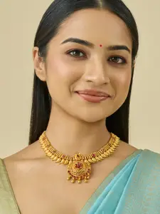 Kushal's Fashion Jewellery 92.5 Pure Silver Gold-Plated Stone Studded Temple Necklace