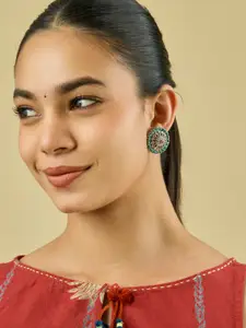 Kushal's Fashion Jewellery Ruby-Green 92.5 Pure Silver-Plated Stone Studded Temple Studs