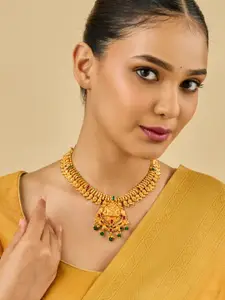 Kushal's Fashion Jewellery 92.5 Pure Silver Gold-Plated Studded & Beaded Temple Necklace