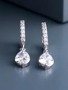 Kushal's Fashion Jewellery 92.5 Silver Rhodium-Plated Zircon Teardrop Shaped Hoop Earrings