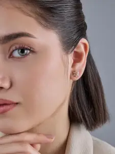 Kushal's Fashion Jewellery 92.5  Silver Rose Gold-Plated Floral CZ-Studded Studs