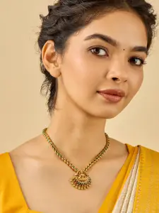 Kushal's Fashion Jewellery 92.5 Pure Silver Gold-Plated Stone Studded Temple Necklace