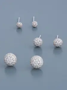 Kushal's Fashion Jewellery Set of 3 Rhodium-Plated 92.5 Sterling Silver Studded Studs