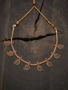 Kushal's Fashion Jewellery 92.5 Pure Silver Gold-Plated Stone Studded Temple Necklace