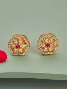 Kushal's Fashion Jewellery 92.5 Pure Silver Gold-Plated Stone Studded Floral Temple Studs