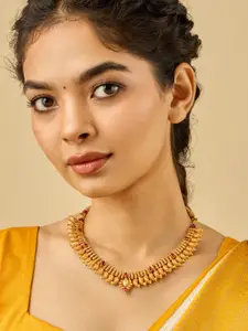 Kushal's Fashion Jewellery 92.5 Pure Silver Gold-Plated Stone Studded Temple Necklace