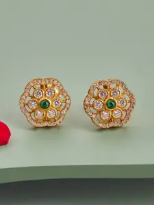 Kushal's Fashion Jewellery 92.5 Pure Silver Gold-Plated Stone Studded Floral Temple Studs