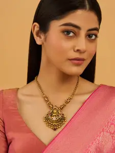 Kushal's Fashion Jewellery 92.5 Pure Silver Gold-Plated Ruby Studded Temple Necklace