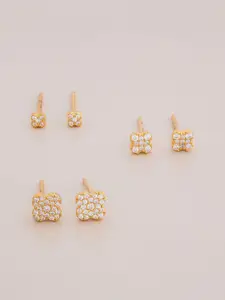 Kushal's Fashion Jewellery Set of 3 Gold-Plated 92.5 Sterling Silver Studded Studs