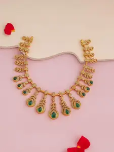 Kushal's Fashion Jewellery 92.5 Pure Silver Gold-Plated Stone Studded Temple Necklace