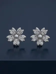 Kushal's Fashion Jewellery 92.5  Silver Rhodium-Plated Floral Zircon Studs