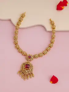 Kushal's Fashion Jewellery Women Ruby Gold-Plated Ethnic 92.5 Pure Silver Temple Necklace
