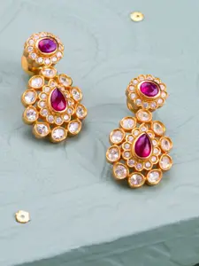 Kushal's Fashion Jewellery 92.5 Pure Silver Gold-Plated Contemporary Temple Ruby Studs