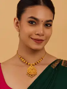 Kushal's Fashion Jewellery 92.5 Pure Silver Gold-Plated Ruby Studded Temple Necklace