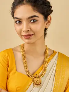 Kushal's Fashion Jewellery 92.5 Pure Silver Gold-Plated Stone Studded Temple Necklace