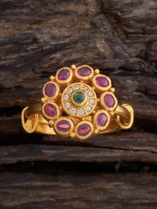 Kushal's Fashion Jewellery Ruby-Green Gold-Plated 92.5 Pure Silver Temple Finger Ring