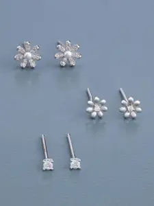 Kushal's Fashion Jewellery Set of 3 Rhodium-Plated 92.5 Sterling Silver Studded Studs