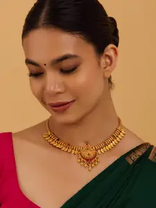 Kushal's Fashion Jewellery 92.5 Pure Silver Gold-Plated Stone Studded Temple Necklace