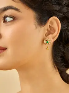 Kushal's Fashion Jewellery 92.5 Pure Silver Gold-Plated Stone Studded Floral Temple Studs