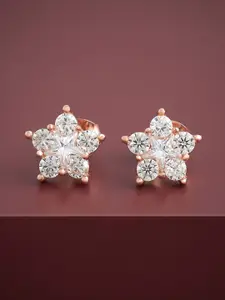 Kushal's Fashion Jewellery 92.5  Silver Rose Gold-Plated Floral CZ-Studded Studs
