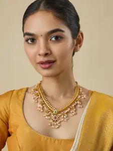 Kushal's Fashion Jewellery Silver Gold Plated CZ & Beaded Temple Necklace