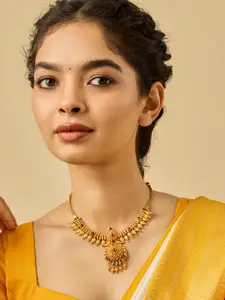 Kushal's Fashion Jewellery 92.5 Pure Silver Gold-Plated Stone Studded Temple Necklace