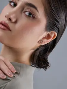 Kushal's Fashion Jewellery 92.5  Silver Rose Gold-Plated Floral CZ-Studded Studs