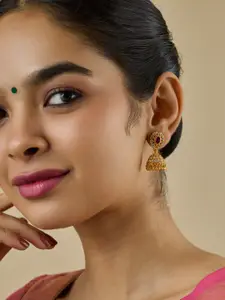 Kushal's Fashion Jewellery Embellished Bridal 92.5 Silver Gold-Plated Dome Stone Jhumkas