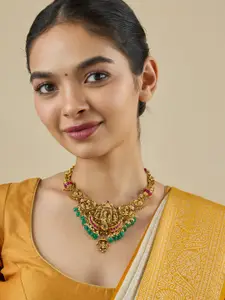 Kushal's Fashion Jewellery 92.5 Pure Silver Stones & Beads Temple Short Necklace