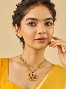 Kushal's Fashion Jewellery 92.5 Pure Silver Gold-Plated Stone Studded Temple Necklace