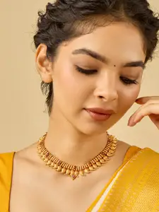 Kushal's Fashion Jewellery 92.5 Pure Silver Gold-Plated Stone Studded Temple Necklace