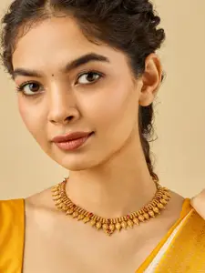 Kushal's Fashion Jewellery 92.5 Pure Silver Gold-Plated Stone Studded Temple Necklace