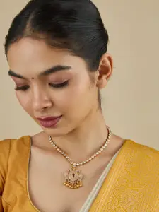 Kushal's Fashion Jewellery Embellished Bridal Silver Gold Plated CZ Temple Necklace