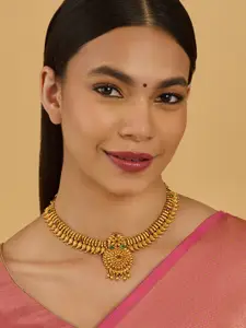 Kushal's Fashion Jewellery 92.5 Pure Silver Gold-Plated Stones & Beaded Temple Necklace