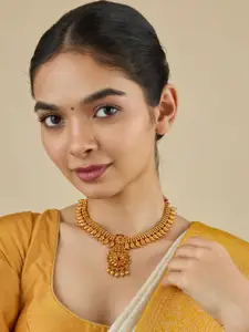 Kushal's Fashion Jewellery Embellished Bridal Silver Gold Plated Stone Temple Necklace