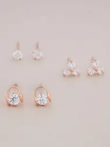 Kushal's Fashion Jewellery Set of 3 Rose Gold-Plated 92.5 Sterling Silver Studded Studs