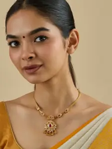 Kushal's Fashion Jewellery Embellished Bridal Gold-Plated Temple Necklace