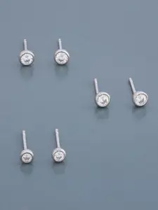 Kushal's Fashion Jewellery Set of 3 Rhodium-Plated 92.5 Sterling Silver Studded Studs