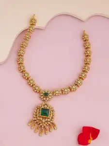 Kushal's Fashion Jewellery Women Green Gold-Plated Ethnic 92.5 Pure Silver Temple Necklace