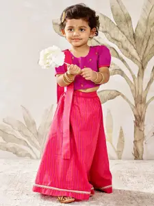 VASTRAMAY Girls Embroidered Cotton Thread Work Ready to Wear Lehenga & Blouse With Dupatta